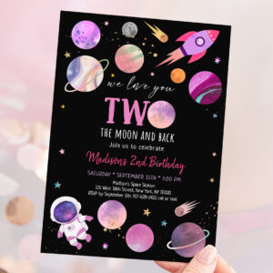 Pink Girl Astronaut Space Two The Moon Birthday Invitation