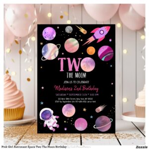 Pink Girl Astronaut Space Two The Moon Birthday Invitation