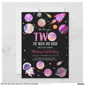 Pink Girl Astronaut Space Two The Moon Birthday Invitation