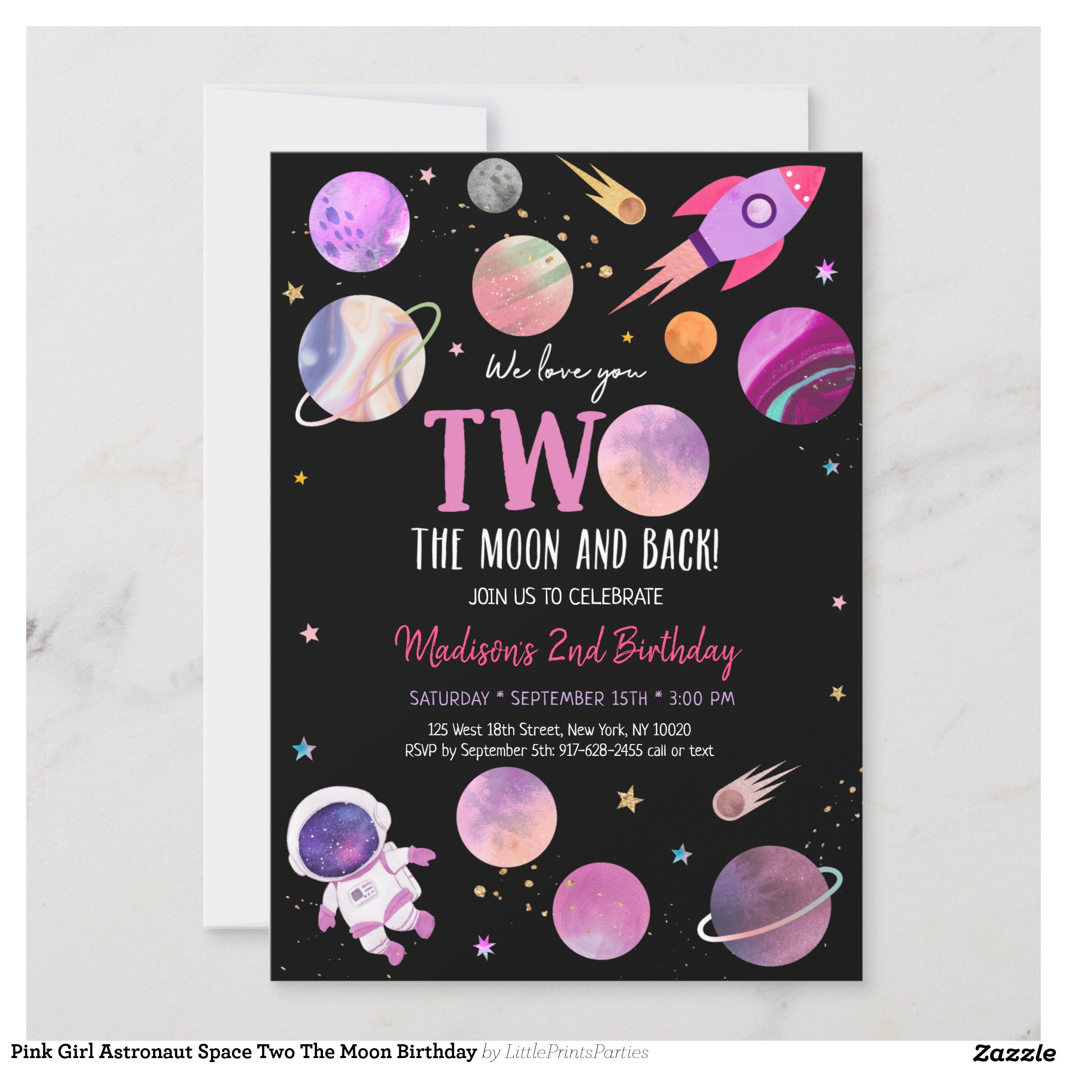 Pink Girl Astronaut Space Two The Moon Birthday Invitation