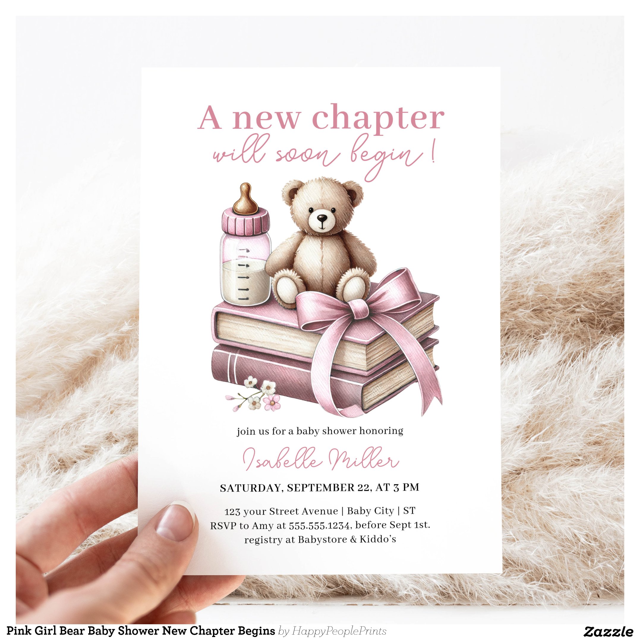 Pink Girl Bear Baby Shower New Chapter Begins Invitation