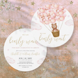 Pink Girl Bearly Wait Teddy Bear Baby Shower Invitation
