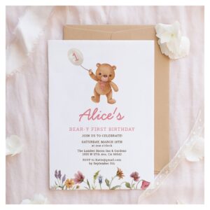 Pink Girl Teddy Bear First Birthday Invitation
