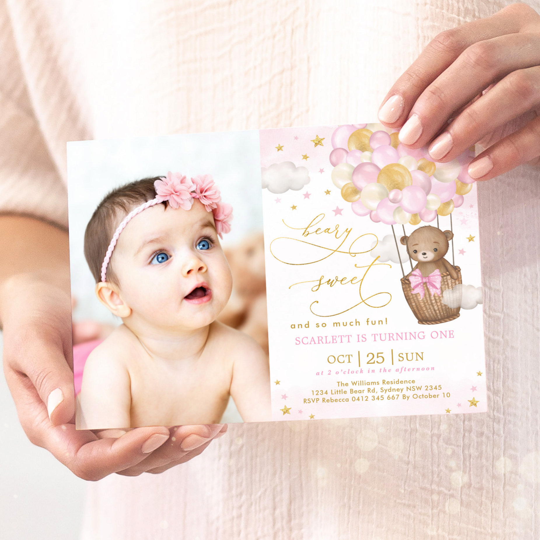 Pink Gold Teddy Bear Hot Air Balloon 1st Birthday Invitation