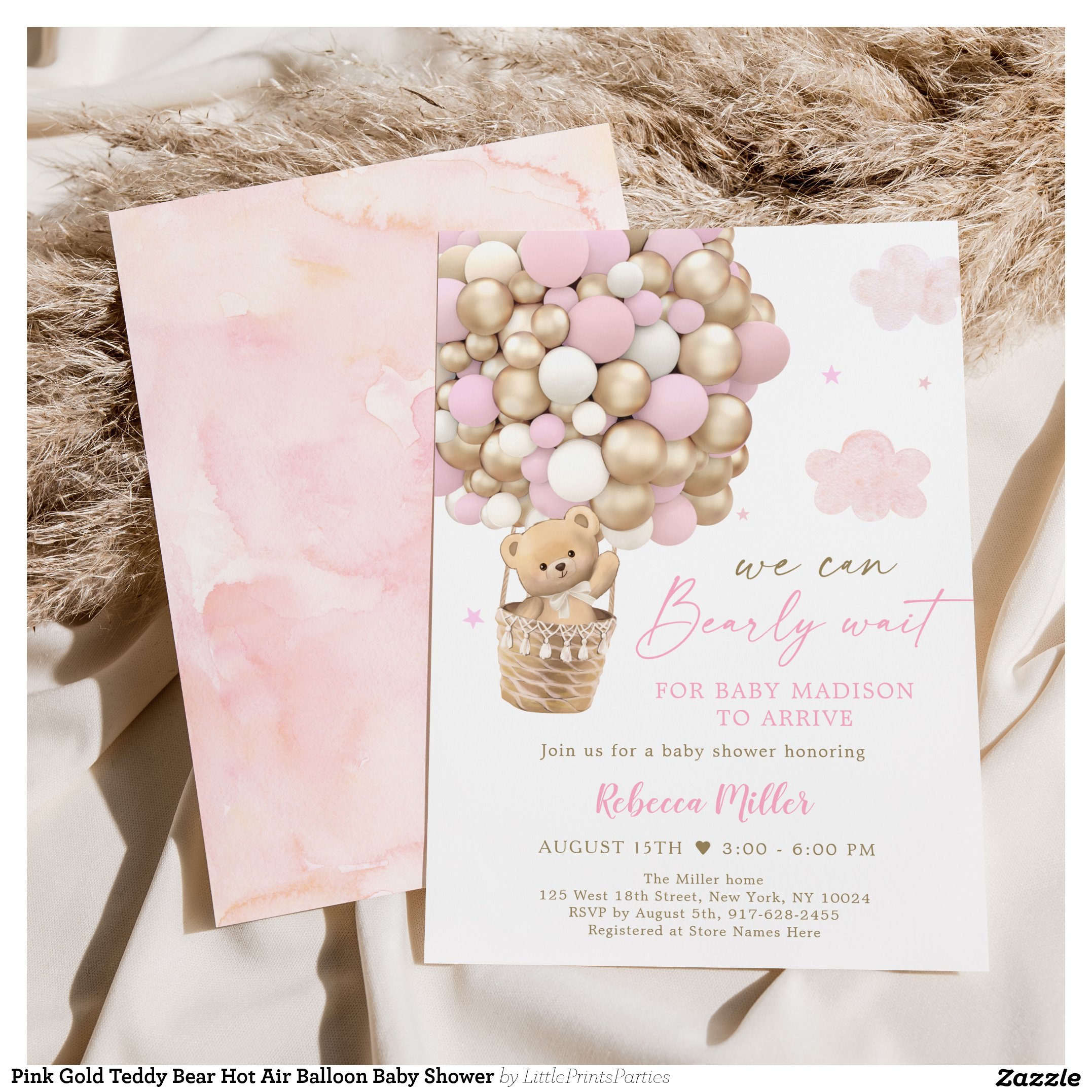 Pink Gold Teddy Bear Hot Air Balloon Baby Shower Invitation