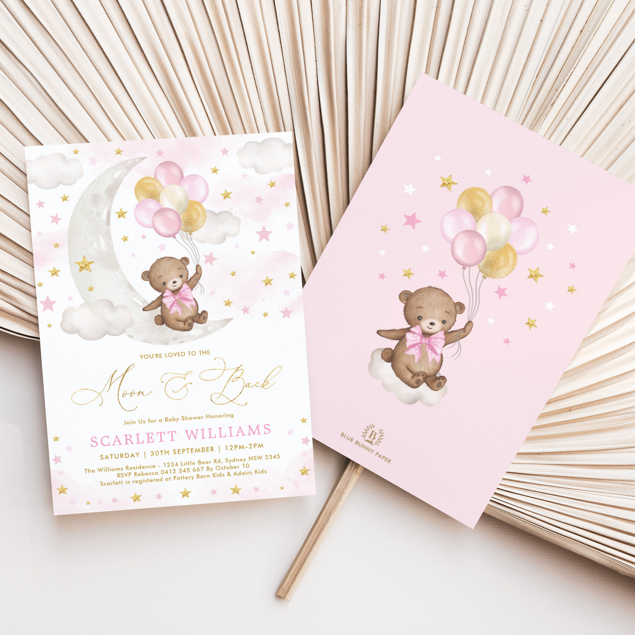Pink Gold Teddy Bear Moon & Back Baby Shower Invitation