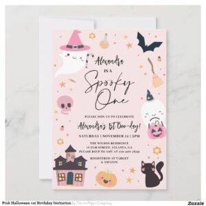 Pink Halloween 1st Birthday Invitation