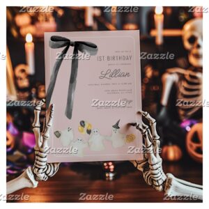 Pink Halloween Ghost and Black Bow Birthday Invitation