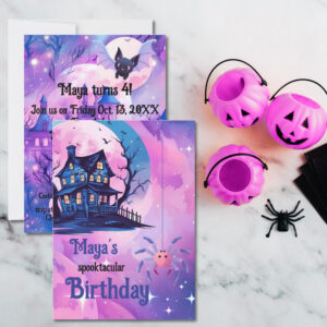 Pink Halloween Spider spooky mansion 4th birthday Invitation