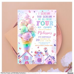 Pink Ice Cream 4th Birthday Invitation
