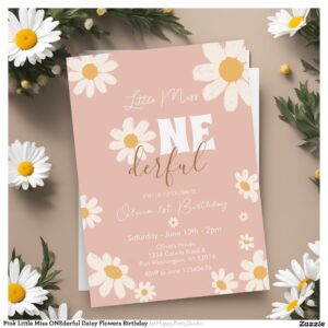 Pink Little Miss ONEderful Daisy Flowers Birthday Invitation