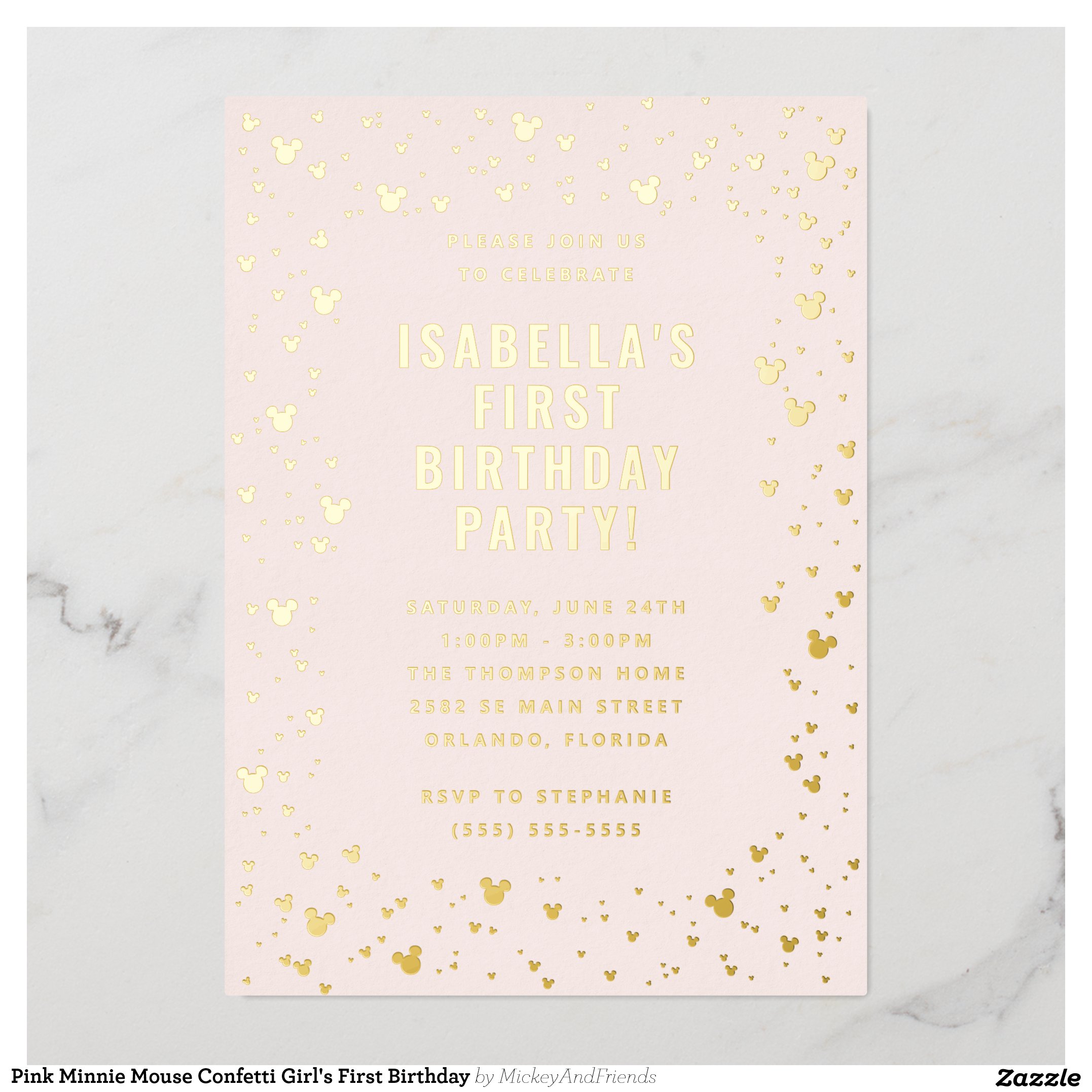 Pink Minnie Mouse Confetti Girl's First Birthday Foil Invitation