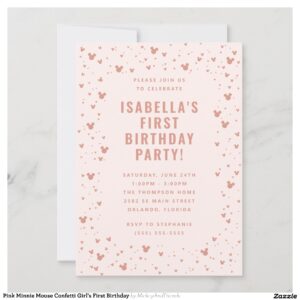 Pink Minnie Mouse Confetti Girl's First Birthday Invitation