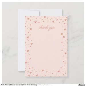 Pink Minnie Mouse Confetti Girl's First Birthday Thank You Card