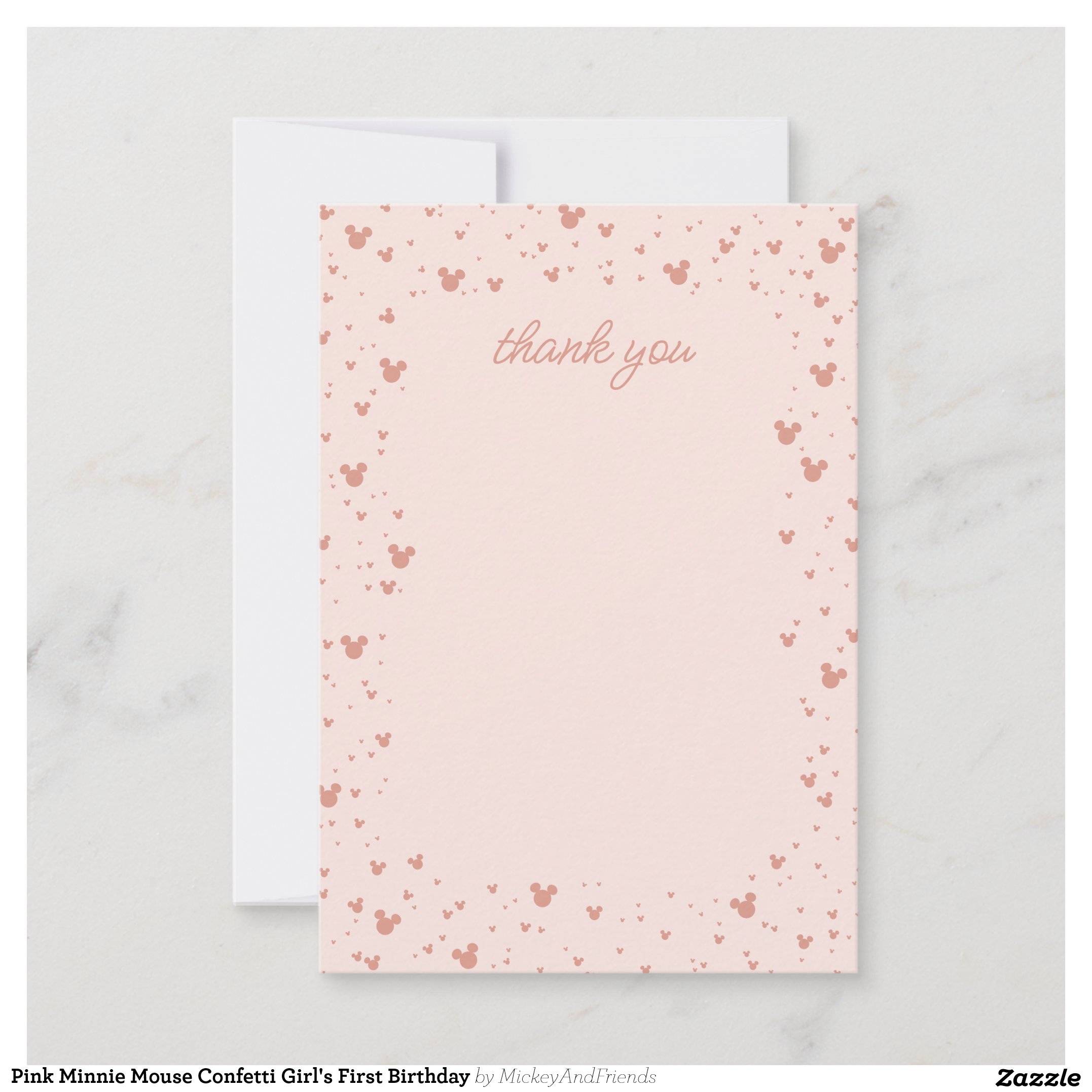 Pink Minnie Mouse Confetti Girl's First Birthday Thank You Card