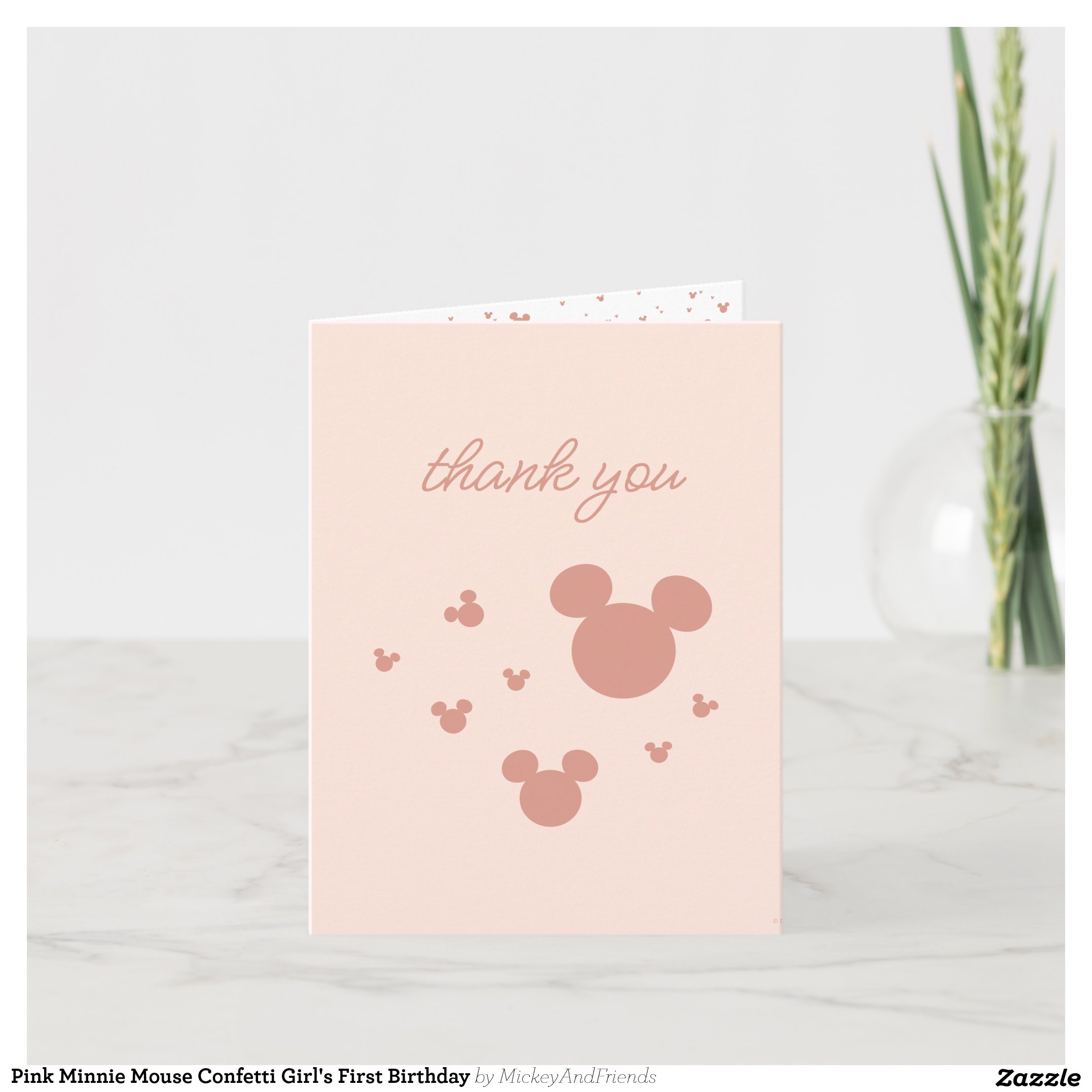 Pink Minnie Mouse Confetti Girl's First Birthday Thank You Card