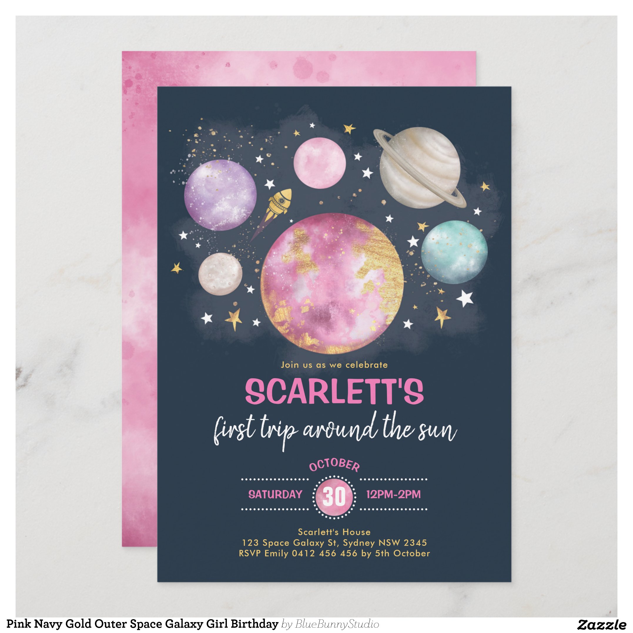 Pink Navy Gold Outer Space Galaxy Girl Birthday Invitation