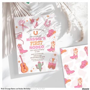 Pink Orange Retro 1st Rodeo Birthday Invitation