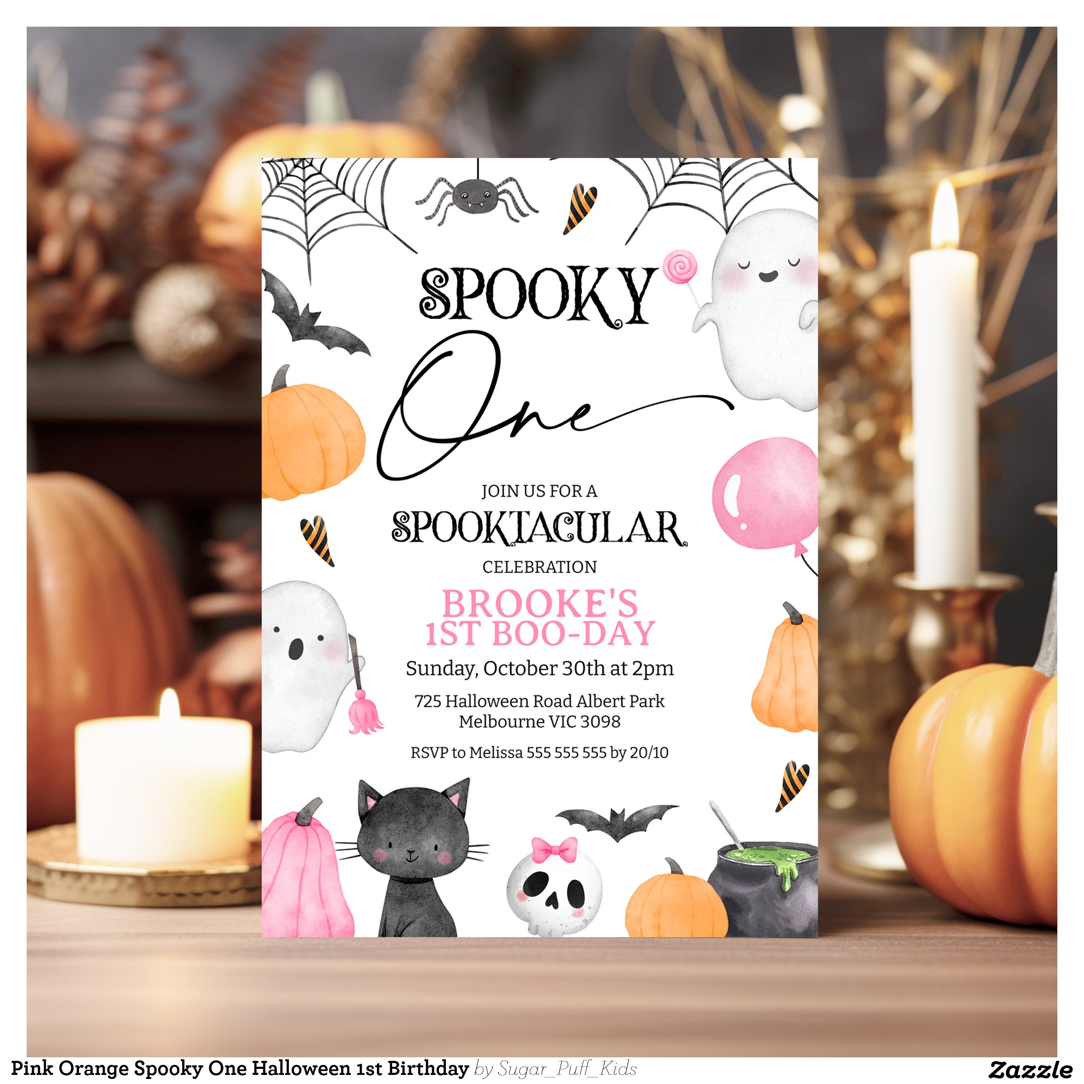 Pink Orange Spooky One Halloween 1st Birthday Invitation