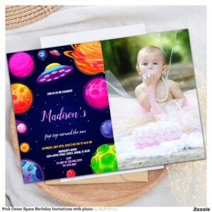 Pink Outer Space Birthday Invitations with photo