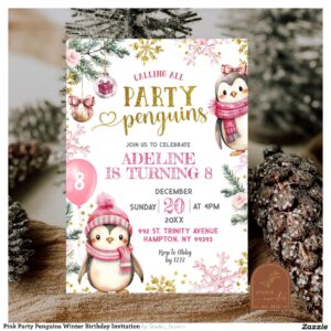 Pink Party Penguins Winter Birthday Invitation