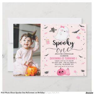 Pink Photo Ghost Spooky One Halloween 1st Birthday Invitation