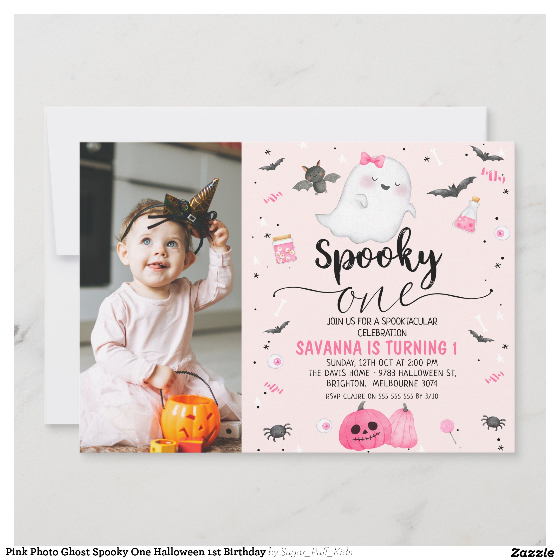 Pink Photo Ghost Spooky One Halloween 1st Birthday Invitation