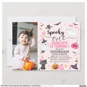 Pink Photo Girls Spooky One Halloween 1st Birthday Invitation