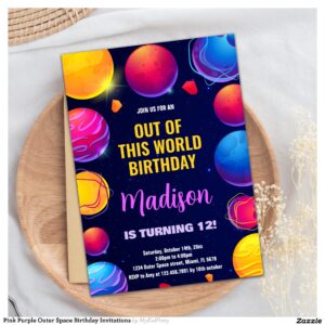 Pink Purple Outer Space Birthday Invitations