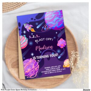 Pink Purple Outer Space Birthday Invitations