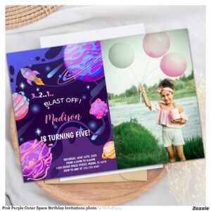 Pink Purple Outer Space Birthday Invitations photo
