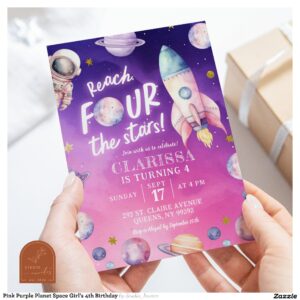 Pink Purple Planet Space Girl's 4th Birthday Invitation
