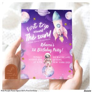 Pink Purple Planet Space Girl's First birthday Invitation