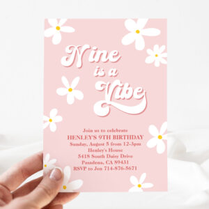 Pink Retro Daisy Nine Is A Vibe Birthday Invitation
