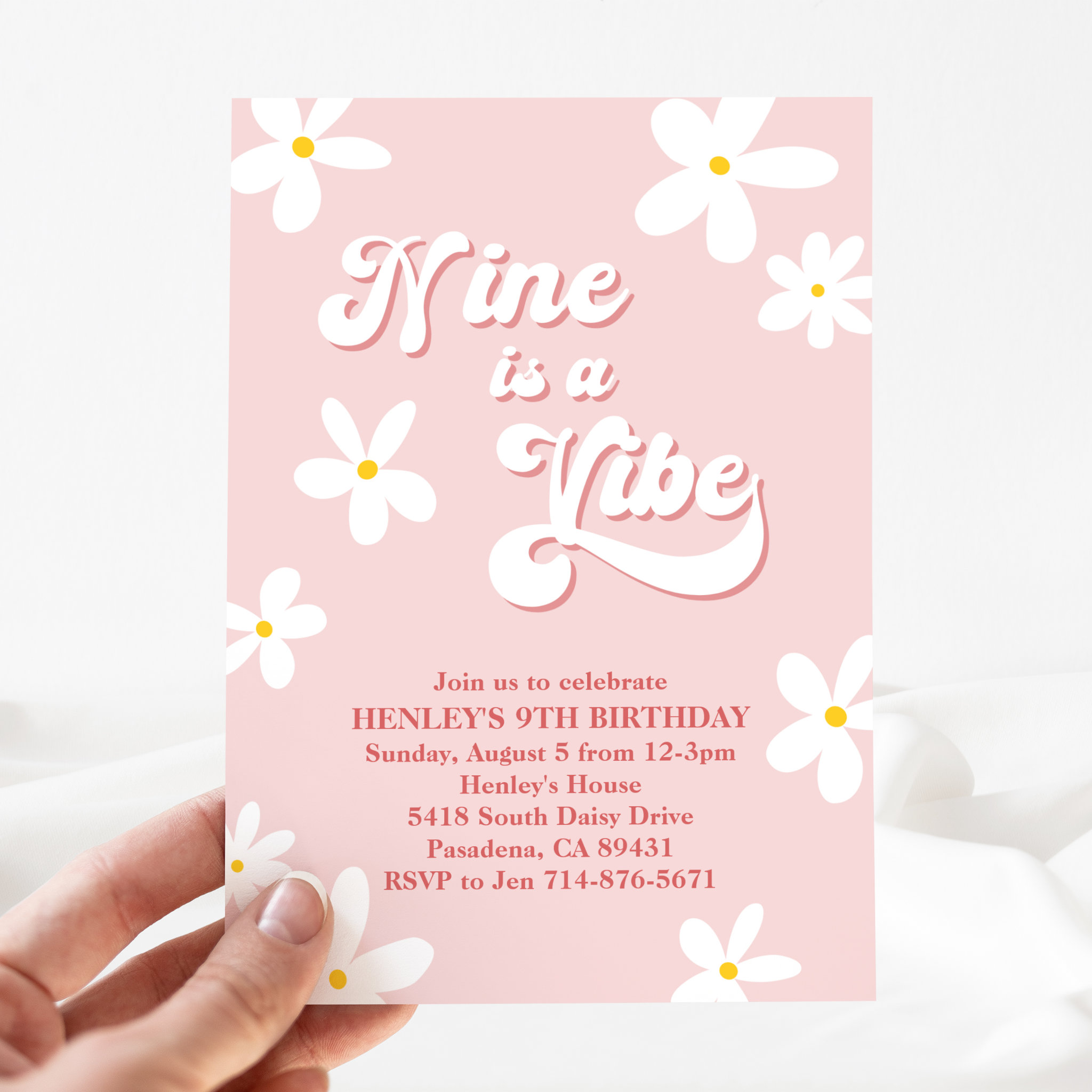 Pink Retro Daisy Nine Is A Vibe Birthday Invitation