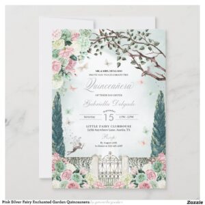 Pink Silver Fairy Enchanted Garden Quinceanera Invitation