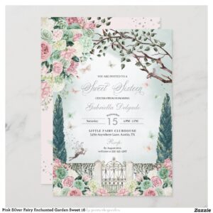 Pink Silver Fairy Enchanted Garden Sweet 16 Invitation
