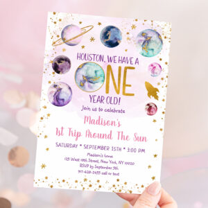 Pink Space Galaxy Girl First Birthday Invitation