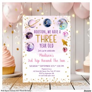 Pink Space Galaxy Girl Third Birthday Invitation