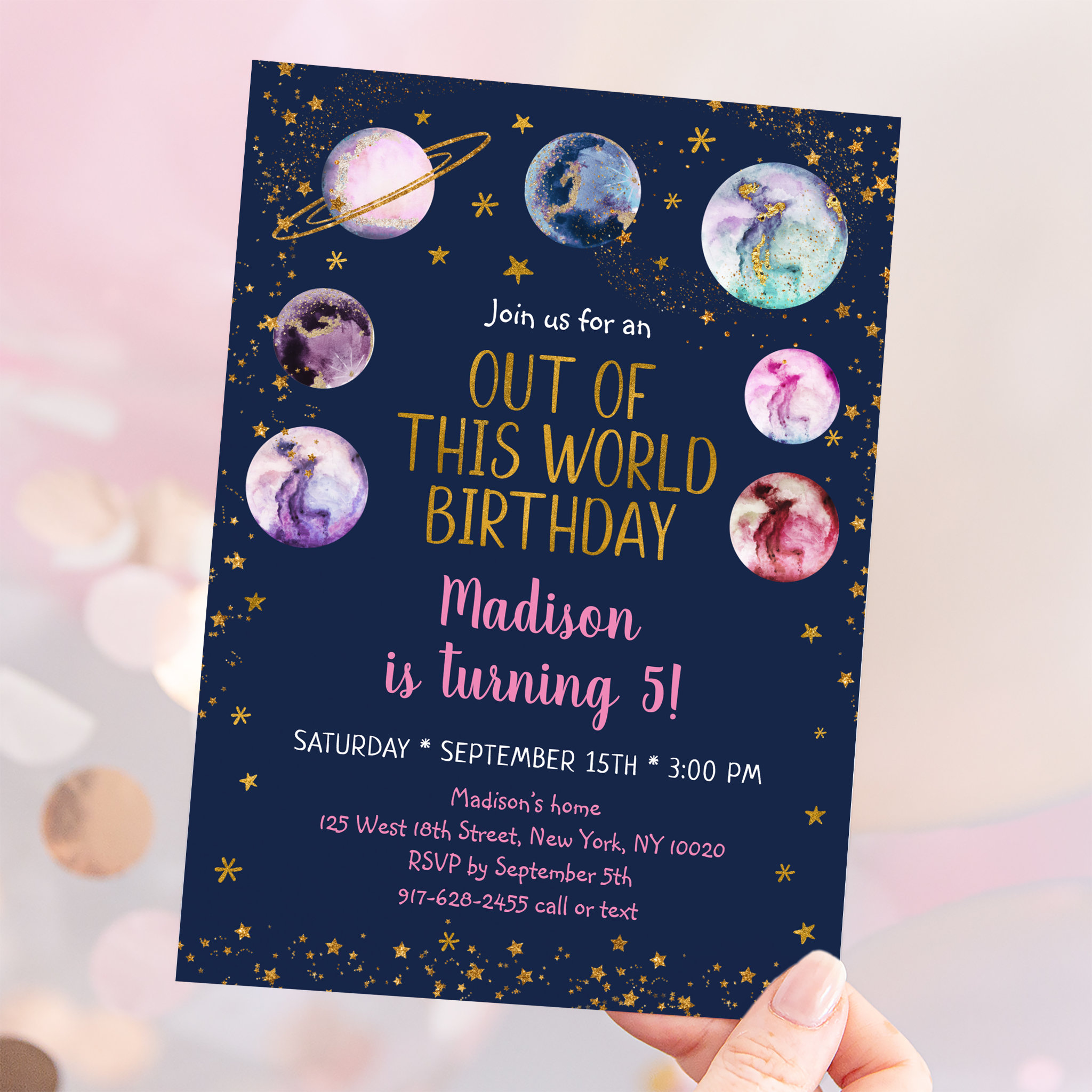 Pink Space Galaxy Out Of This World Birthday Invitation