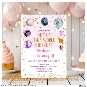 Pink Space Galaxy Out Of This World Birthday Invitation