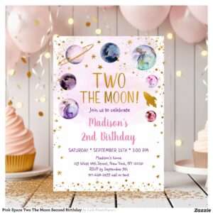 Pink Space Two The Moon Second Birthday Invitation