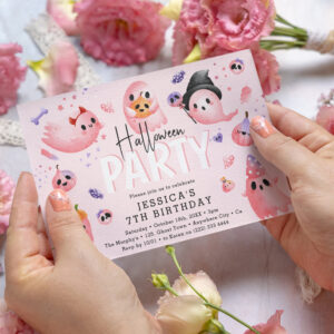 Pink Spooky Ghost Girl Halloween Birthday Invitation