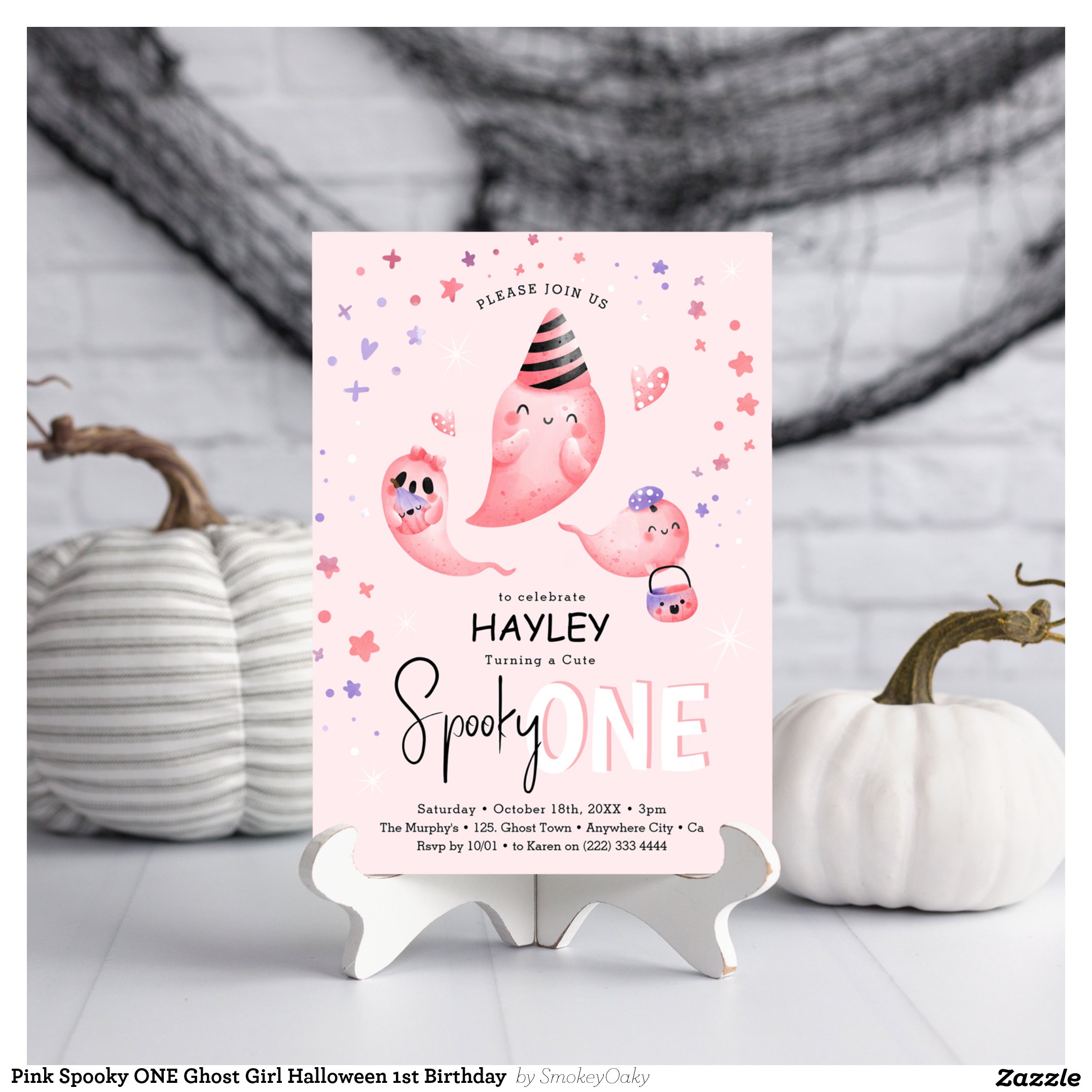 Pink Spooky ONE Ghost Girl Halloween 1st Birthday Invitation