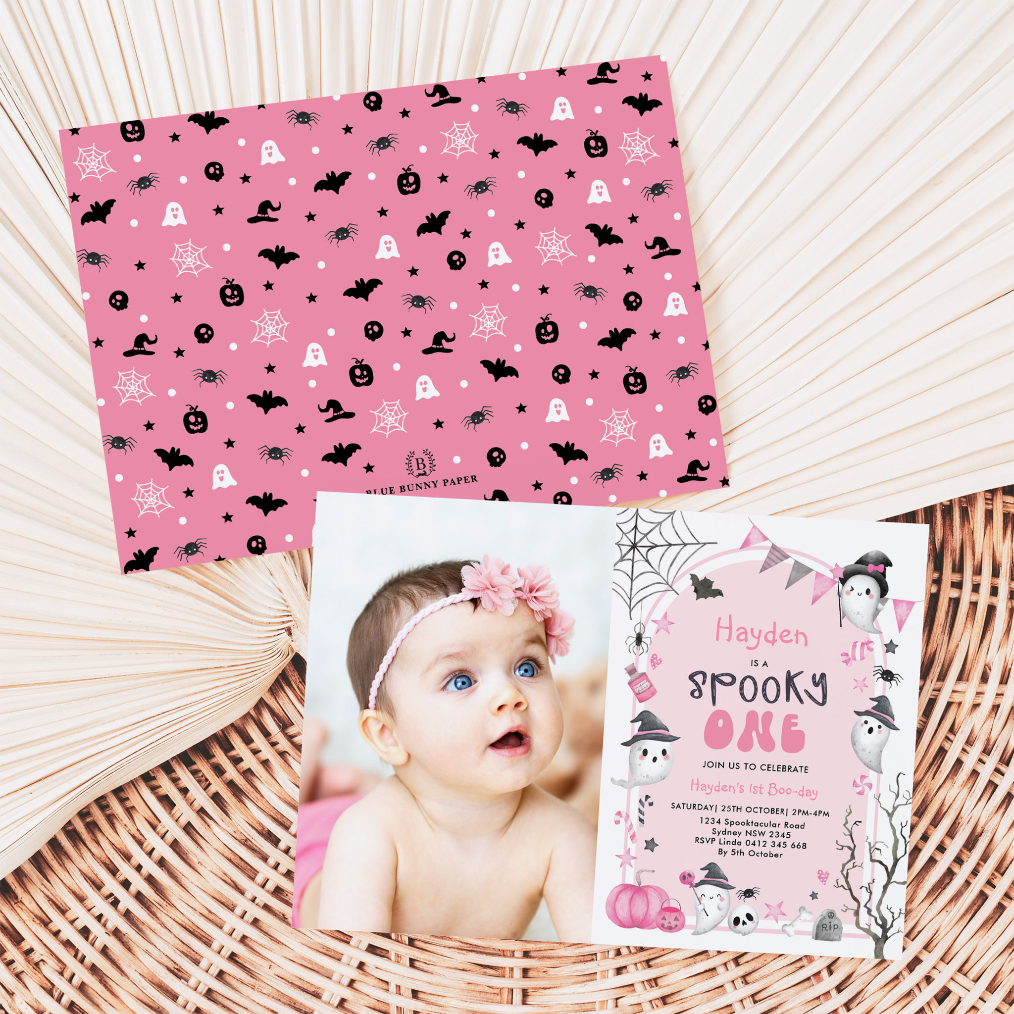 Pink Spooky One Halloween Ghost 1st Birthday Photo Invitation