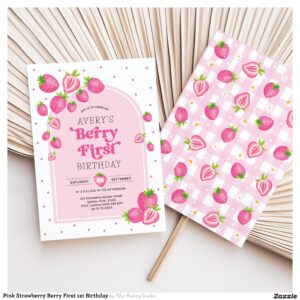 Pink Strawberry Berry First 1st Birthday Invitation