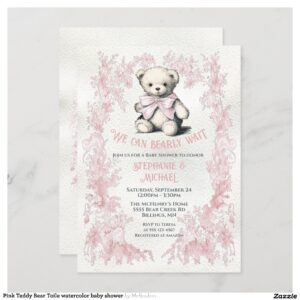 Pink Teddy Bear Toile watercolor baby shower Invitation
