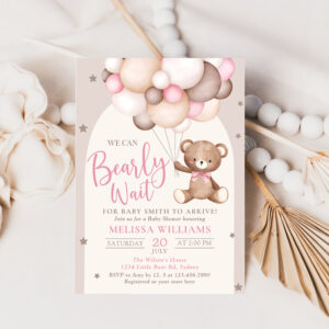 Pink Teddy Bear With Balloons Birthday Invitation