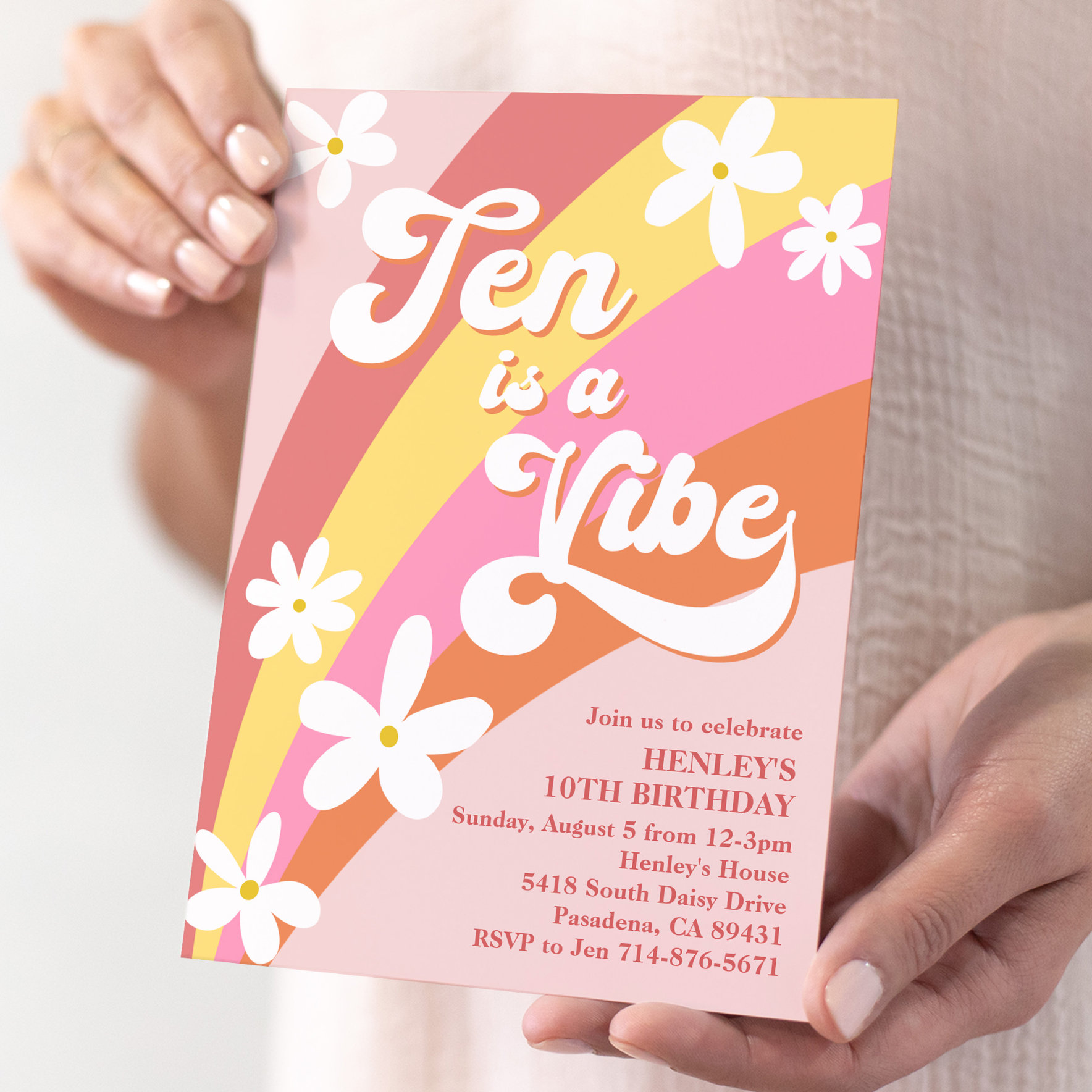 Pink Ten Is a Vibe Retro Daisy Rainbow Birthday Invitation