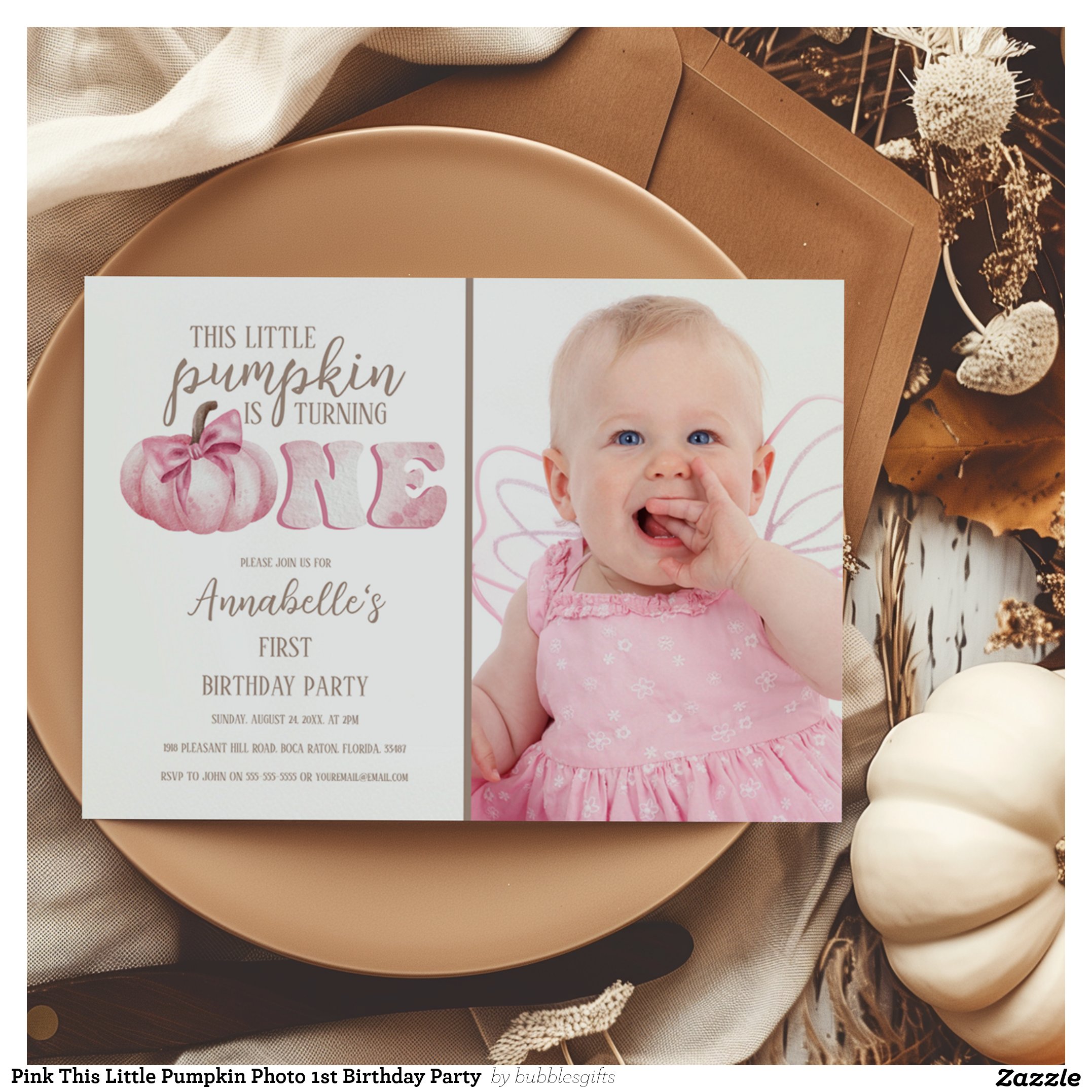 Pink This Little Pumpkin Photo 1st Birthday Party Invitation